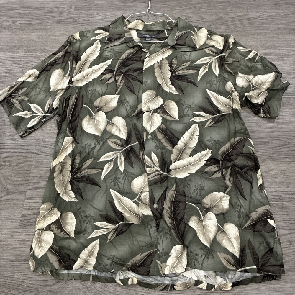 Croft & Barrow Men's Hawaiian Shirt, Large, Green w/ Beige Rayon Short Sleeve